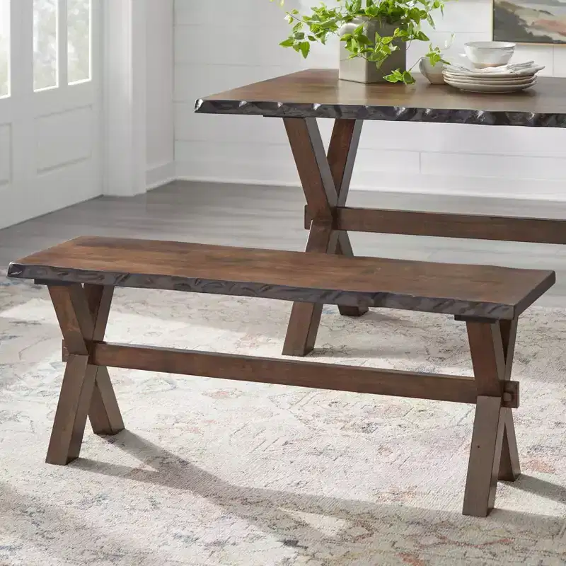 Buylateral 6Pc Mandeville Solid Wood Live Edge Dining Set with Bench Brown: Rubberwood, Ladderback Chairs