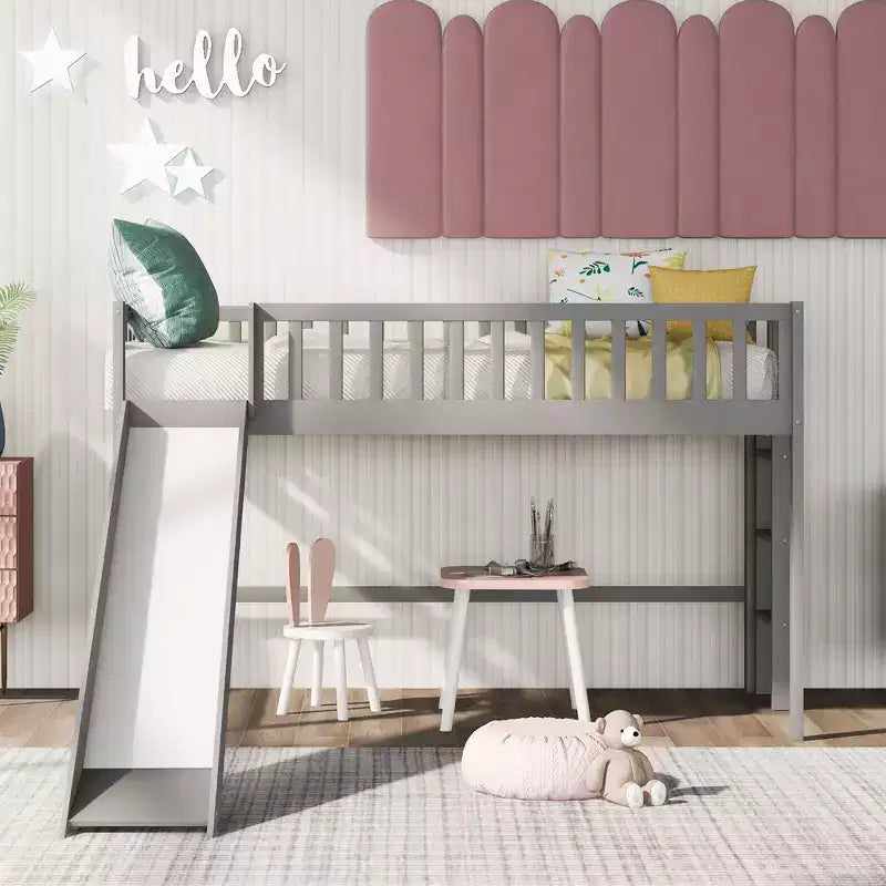 77.4IN Twin/Full Size Kids Loft Bed with Slide, Twin Bed with Safety Guardrail and Ladder, Bed Frames for Kids Room, Play Room