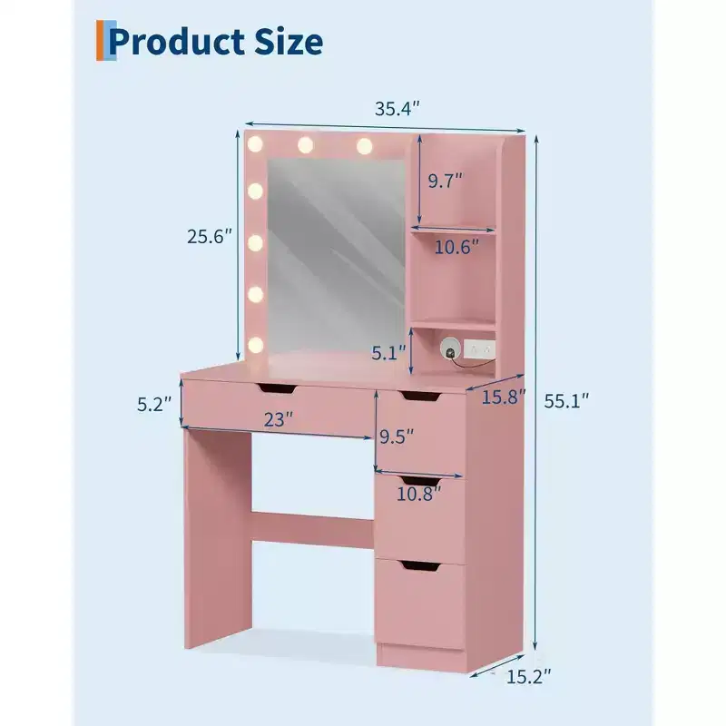 Acekool Pink Vanity Desk with Mirror, 4 Drawers & Built-in Power Hub for Bedroom