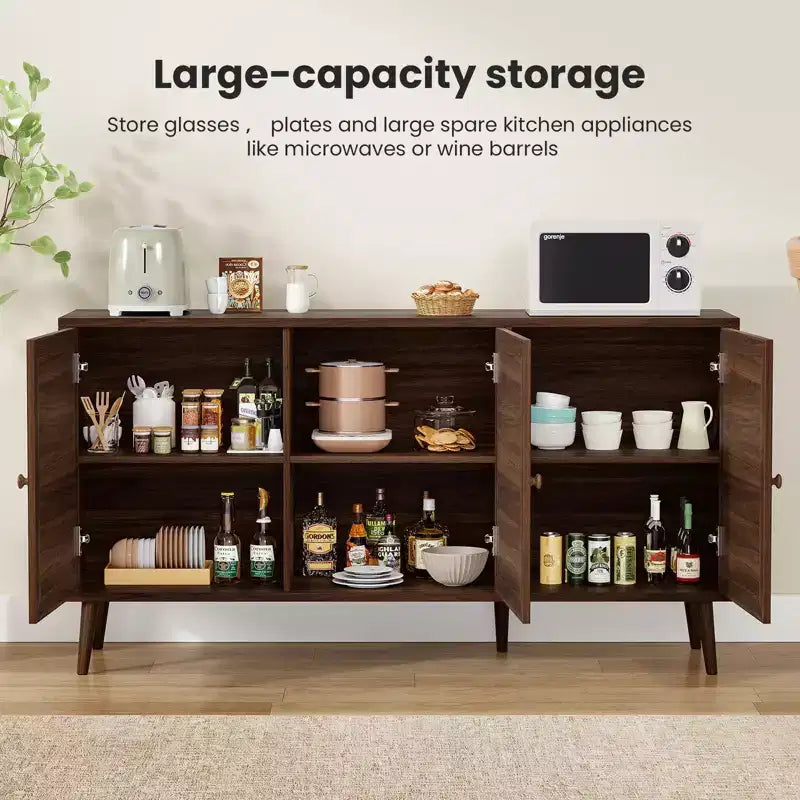 PexFix Side Panel Cabinet With 3 Rattan Doors Kitchen Storage Cabinet Modern Adjustable Legs