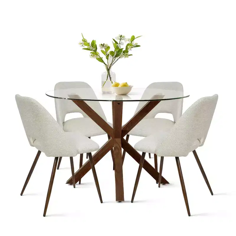 5-Piece Round Glass Dining Table Set with Upholstered Fabric Chairs, Modern Kitchen & Dining Room Furniture with Walnut Legs-Panipeachy