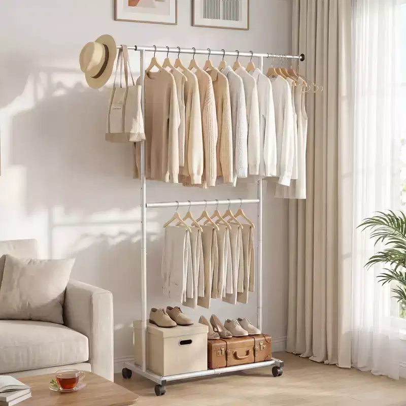 Extendable Garment Rack with Rolling Casters - Metal Clothes Stand for Bedroom & Dressing Room