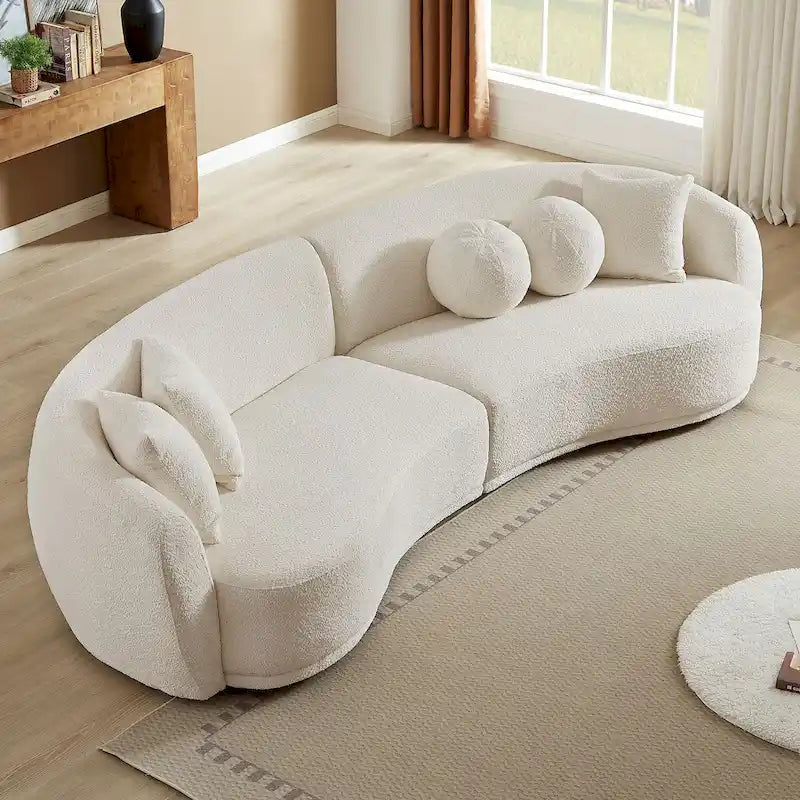 Deep Seat Curved Sectional Sofa, Boucle Fabric with 5 Throw Pillows
