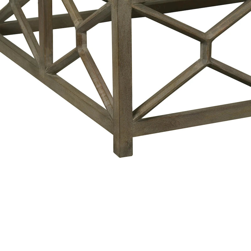 Coffee Table, 40 Inch Square White Marble Top, Sandblasted Ash Gray Mango Wood Geometric Frame