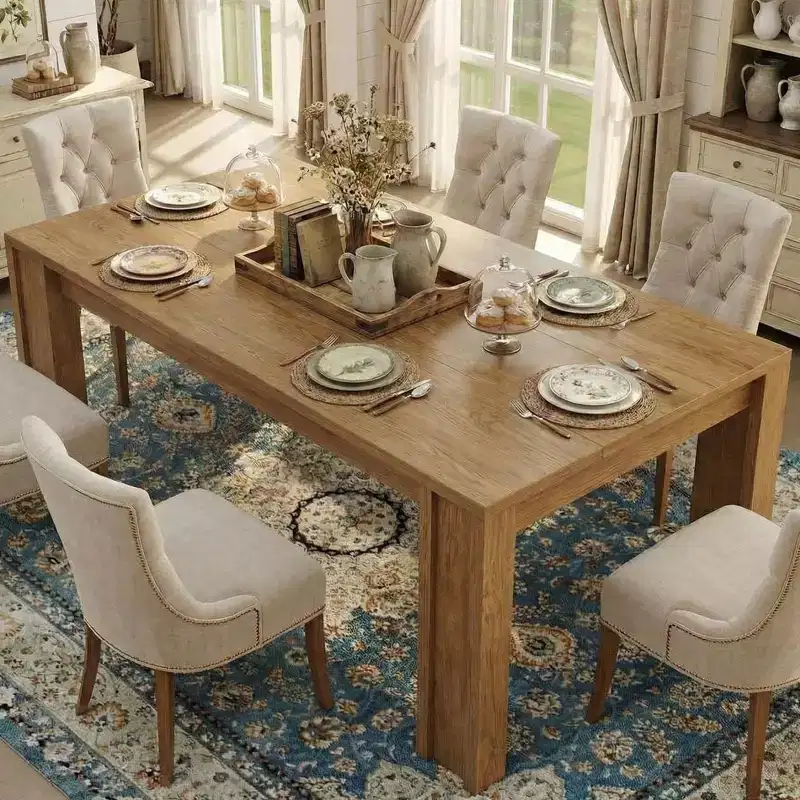 Dining Table for 6-8, Farmhouse Rectangular Kitchen Table with Wide H-Legs, Thick Top, Natural Wood Finish