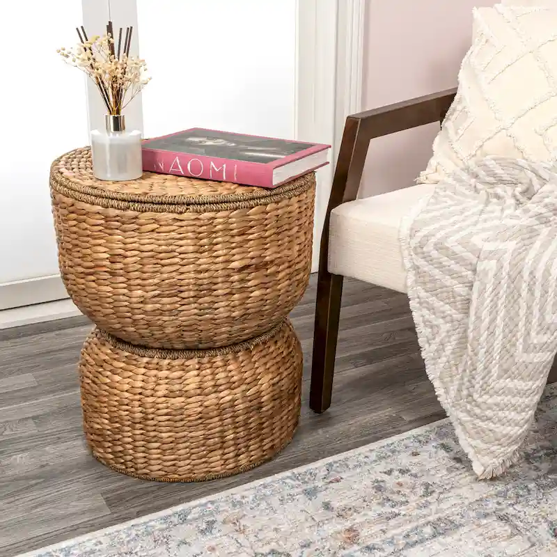 18 Hourglass Handwoven Hyacinth Storage Accent Table with Lid