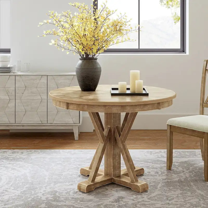 Farmhouse Round Dining Table for 4 with X-Trestle Base & Solid Wood Frame