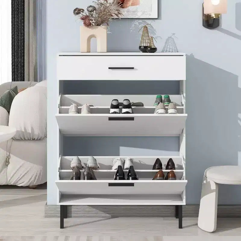 TUYOHW Shoe Cabinet with 2 Flip Drawers, Freestanding Entryway Storage Organizer with Metal Legs & Top Drawer,White