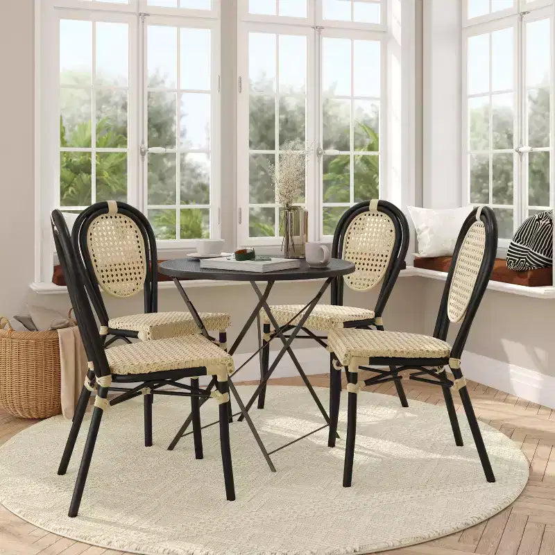 Flash Furniture 4 Pack Cannes Indoor/Outdoor Commercial Thonet Bistro Stacking Chair, PE Cane Rattan and Aluminum Frame