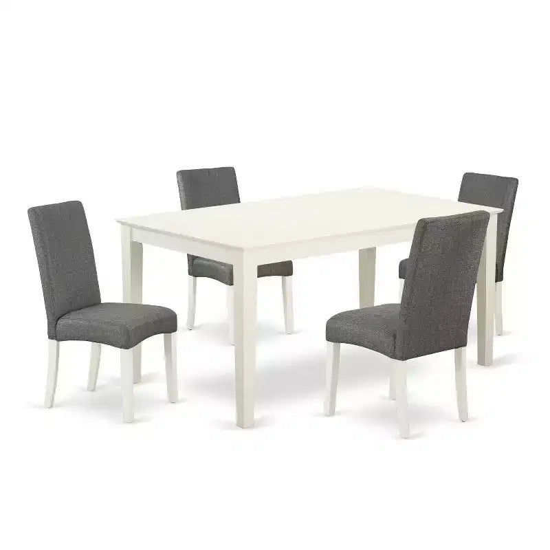 5-Piece Rectangle Linen White Finish Solid Wood Top Dining Table with 4 Parson Chair