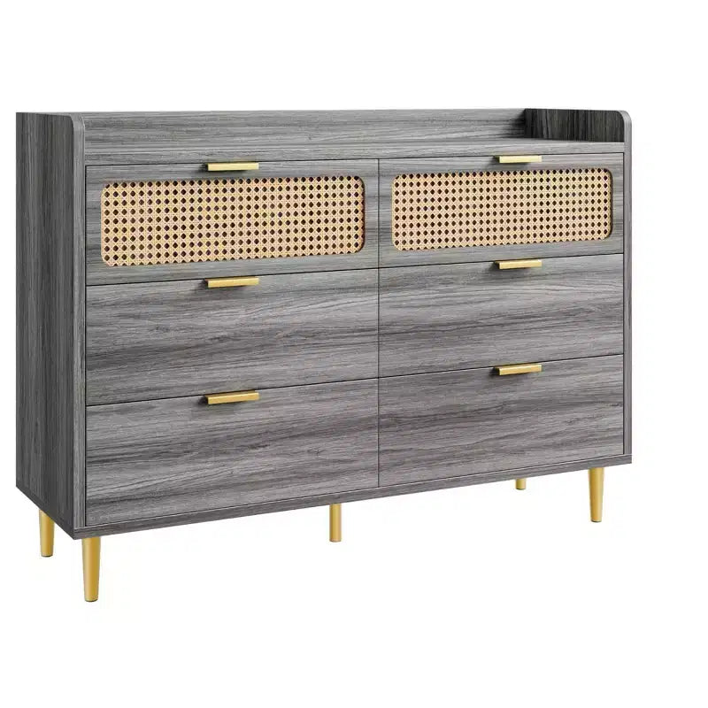 6 Drawer Dresser Rattan Design Large Storage Organizer Mid Century Modern Gold Closet TV Stand with High Legs,