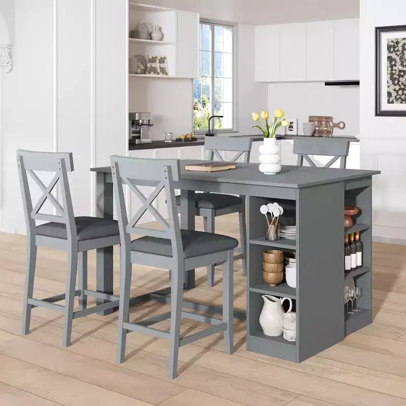 5 Piece Farmhouse Counter Height Dining Table Set Dining Set with 4 Upholstered Dining Chairs and 3-Tier Storage Shelves,Gray/Natural+White