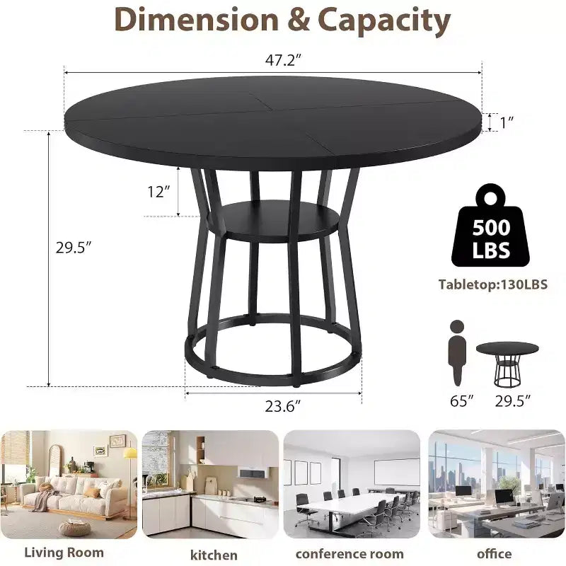 47 Farmhouse Round Dining Table for 4,Rustic Wood Top with Storage & Metal Legs,Space-Saving Circle Table for Kitchen, Dining & Living Room