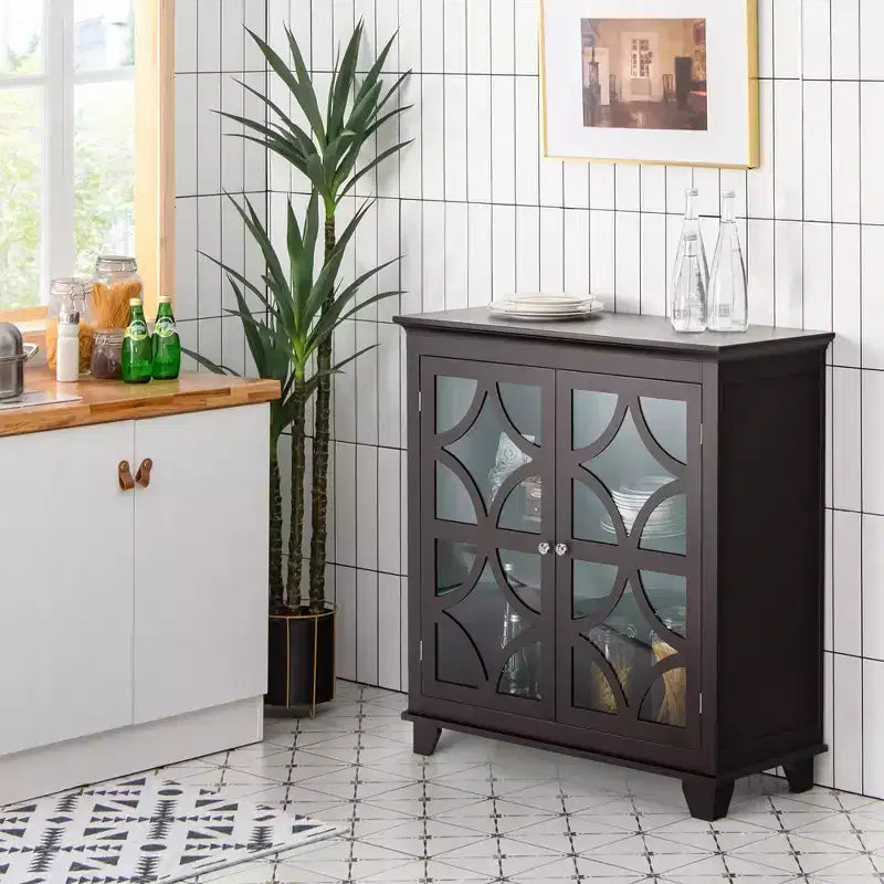 Costway Kitchen Storage Cabinet Buffet Sideboard w/ Glass Doors & Adjustable Shelf