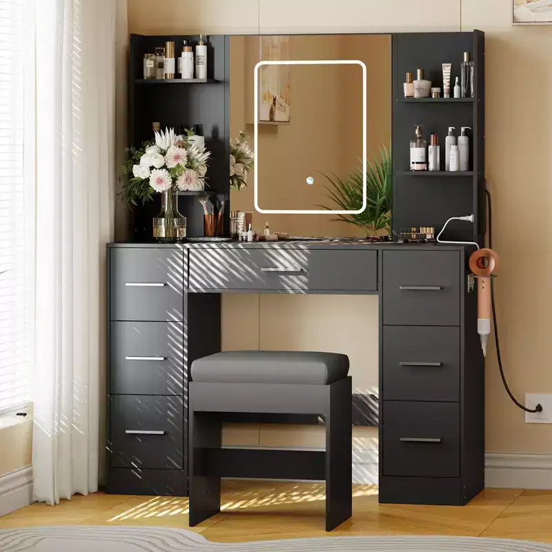 7-Drawer Makeup Vanity Desk with Mirror, Lights, Hair Dryer Holder & Cushioned Stool for Bedroom