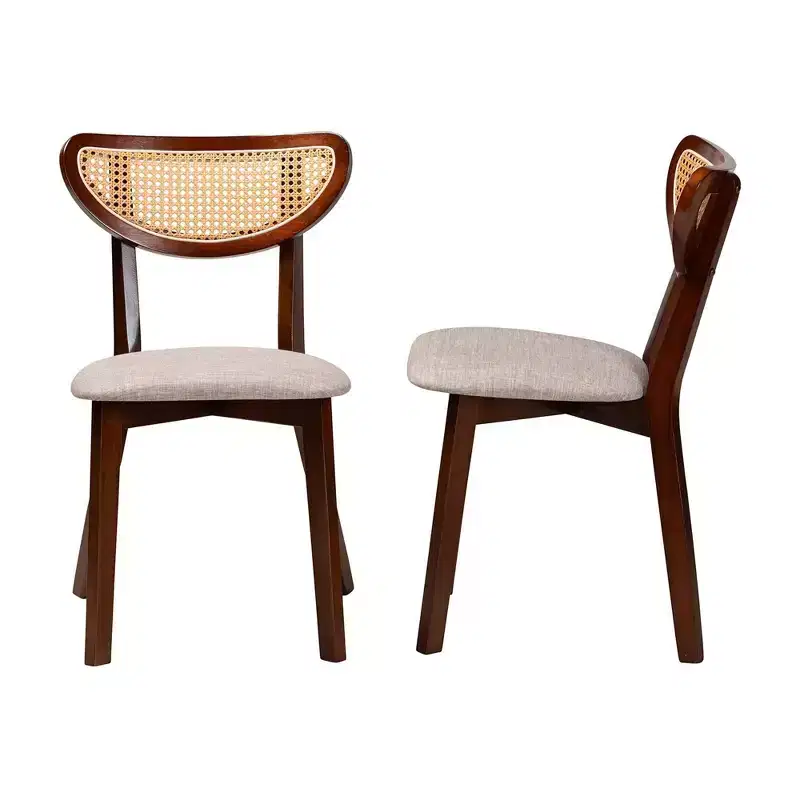 Baxton Studio 2pc Dannell Fabric and Wood Dining Chairs Gray/Walnut Brown/Light Brown: Mid-Century, Rattan Detail, Foam Cushion