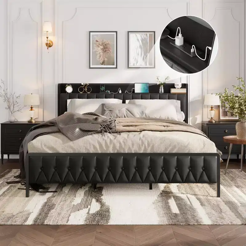 Bed Frame with PU Faux Leather, Button Headboard with Charging Station, All-Metal Full Platform Bed Frame with Storage,No Box Spring Needed