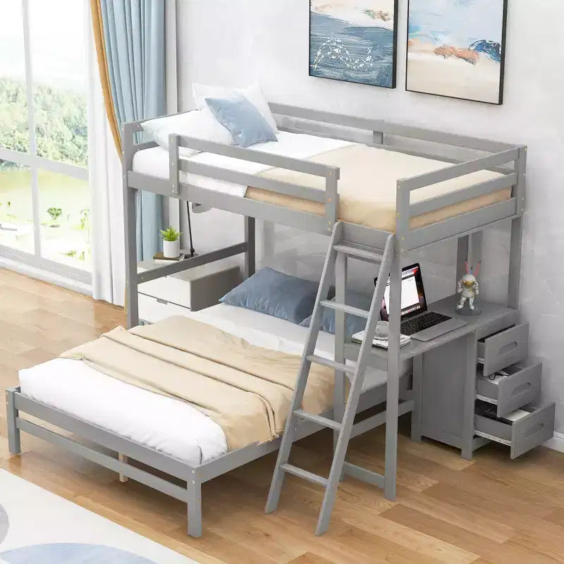 Whisen Morden Design Twin over Full Bunk Bed with Built-in Desk and Three Drawers, Large Storage Space