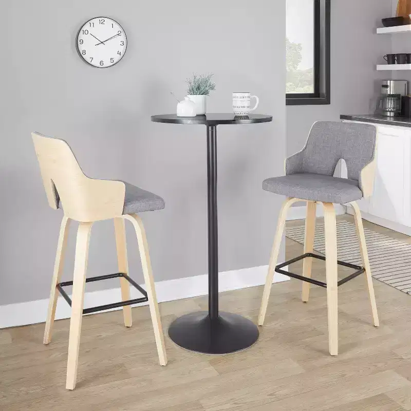 LumiSource Set of 2 Stella Barstools Natural/Light Gray/Black:: Mid-Century Modern, Swivel, Footrest, Wood Frame
