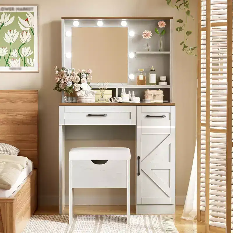 Okak Farmhouse Makeup Vanity with Mirror, Dressing Table Set with Adjustable Shelves,2 Drawers and Side Cabinet for Bedroom