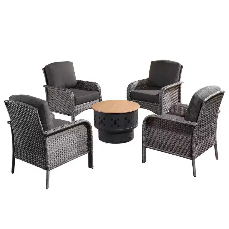 Verona 5pc Wicker Outdoor Patio Furniture Set Conversation Sofa Loveseat with a Wood-Burning Fire Pit and Cushions