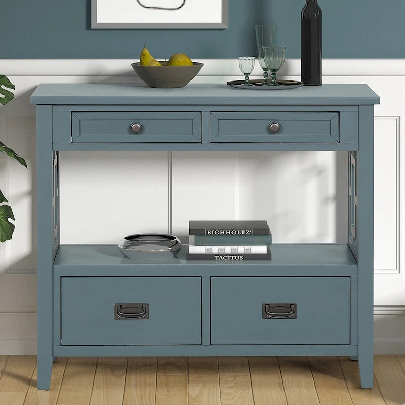 36 in. Farmhouse Pine Wood Console Table with 4 Drawers and Open Shelf