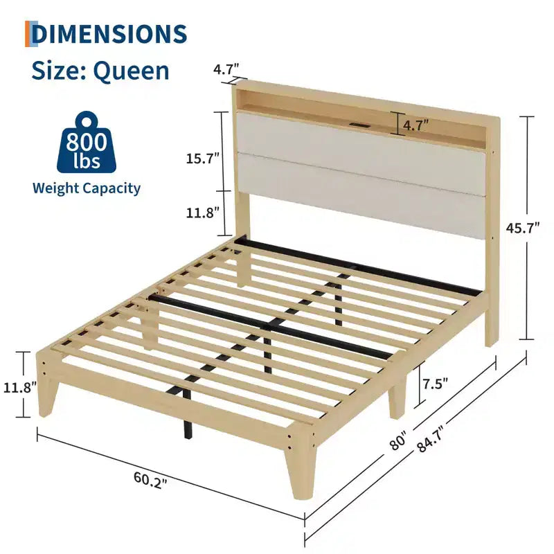 Queen Size Bed Frame, Boucle Platform Bed Frame with LED Lights, Upholstered Headboard with Built-in Charging Station, No Box Spring Needed, Cream