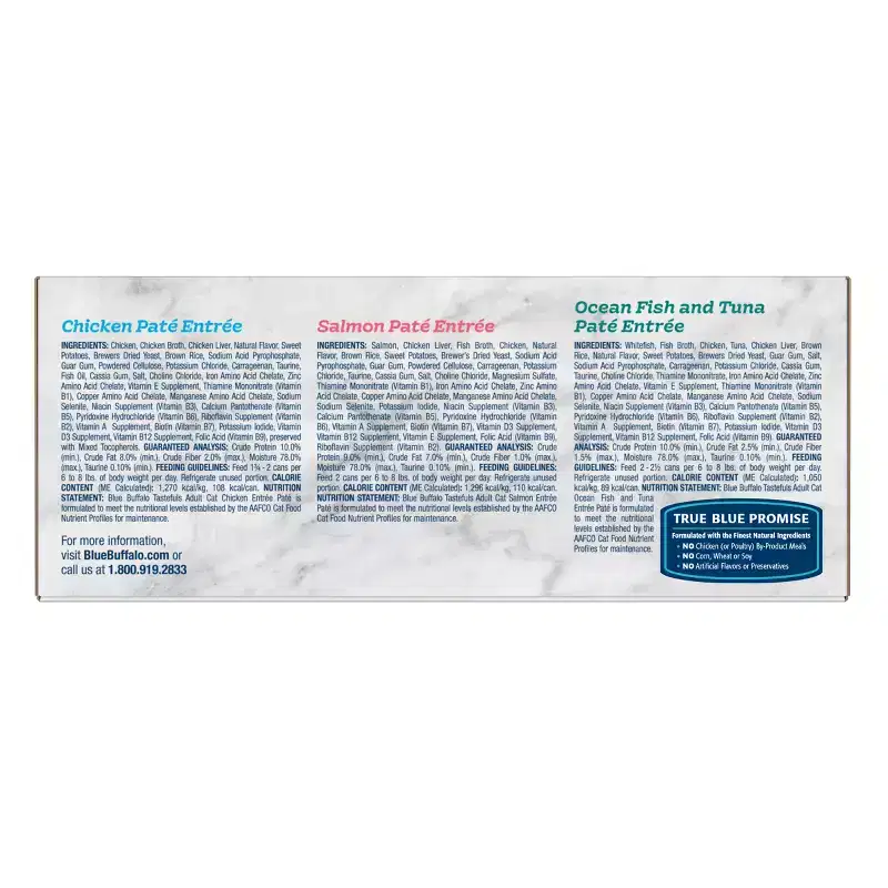 Blue Buffalo Tastefuls Natural Pate Wet Cat Food Variety Pack with Salmon, Chicken, Ocean Fish & Tuna Entrées - 3oz/12ct