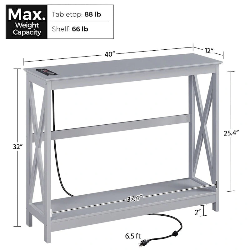 2-Tier Narrow Sofa Console Table with Built-In Power Outlet