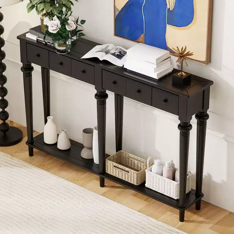 Retro Narrow Console Table with 4 Drawers & Open Shelves 鈥?59.8D x 11W x 34H, Black MDF