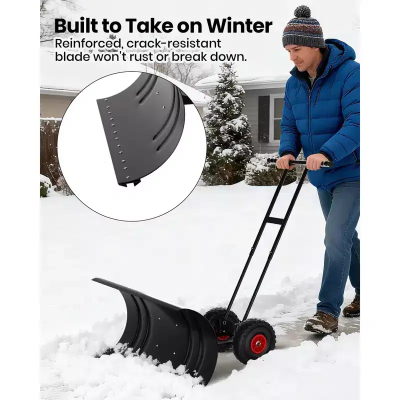 36 Heavy-Duty Snow Pusher Shovel with Wheels, Snow Pusher Hand Plow for Snow Removal, 5 Level Adjustable Handle & 7-Position Angled Blade