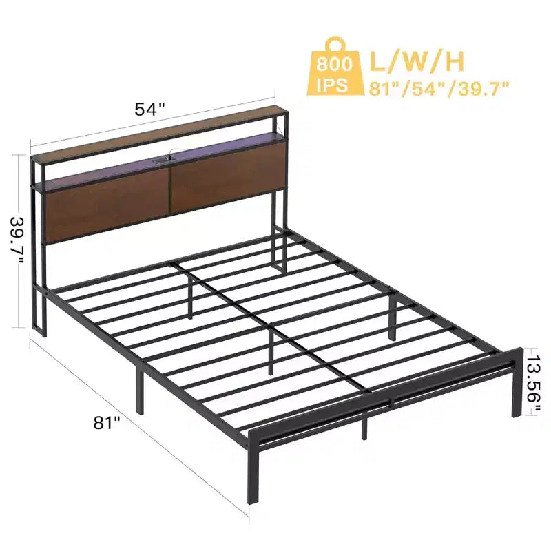 HAUSOURCE Full Bed Frame with Storage Headboard, Noise Free Design, 13 Heavy Duty Metal Slats, and Metal Platform Bed for Family and Master bedrooms