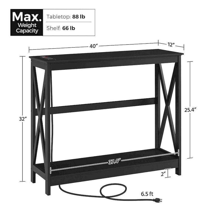 2-Tier Narrow Sofa Console Table with Built-In Power Outlet