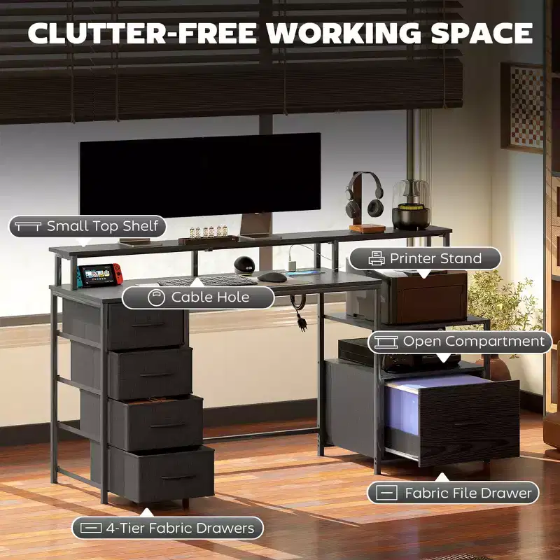 Computer Desk with Power Outlets and LED Lights, 67 Computer Table with File Cabinet and Fabric Drawers