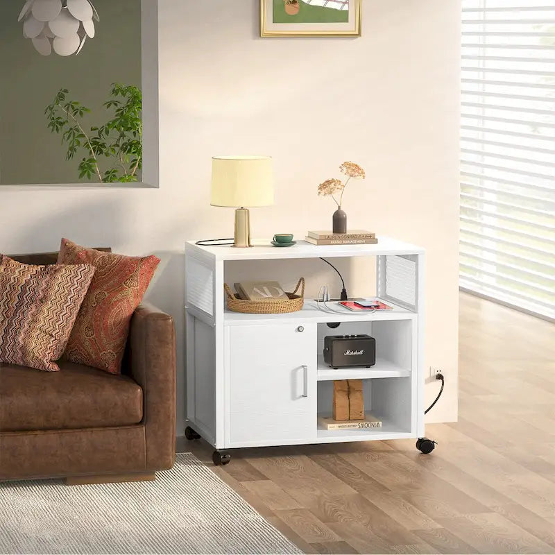 Rolling File Cabinet Lateral Office Filing Cabinets with Charging Station,Modern Printer Stand on Wheels