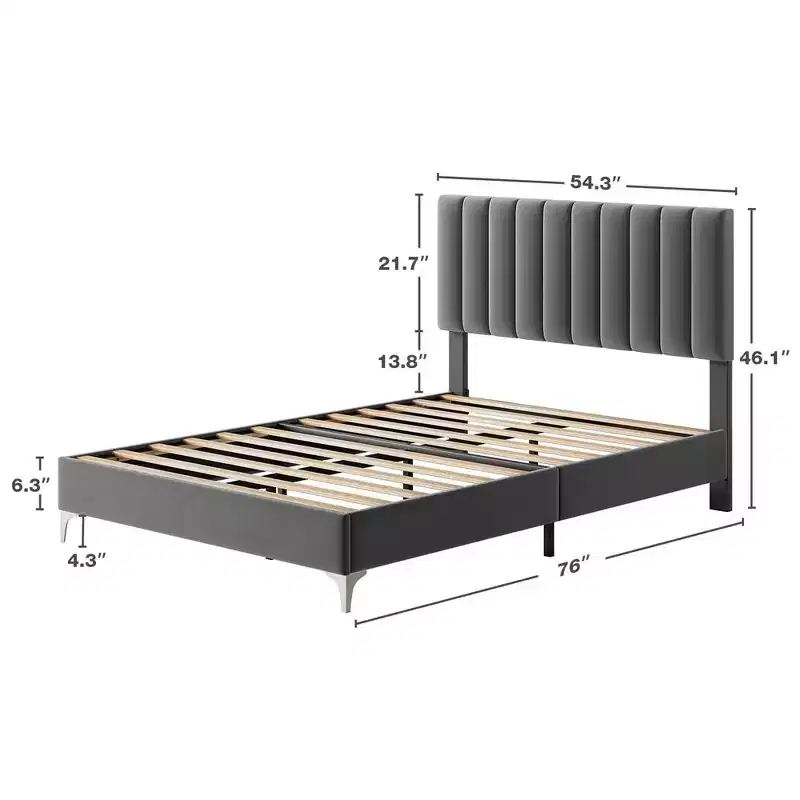 Whizmax Bed Frame Modern Velvet Upholstered 11 Inch Bed Frame with Headboard No Box Spring Needed, Gray