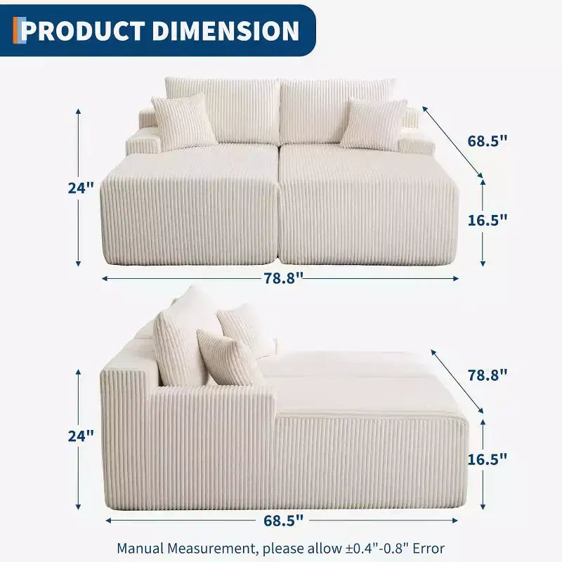 COZONY Oversized Chaise Lounge Chair, 79 x 69 Double Cloud Corduroy Sleeper Sofa with Armrests & 4 Pillows, Deep Seat, No Assembly