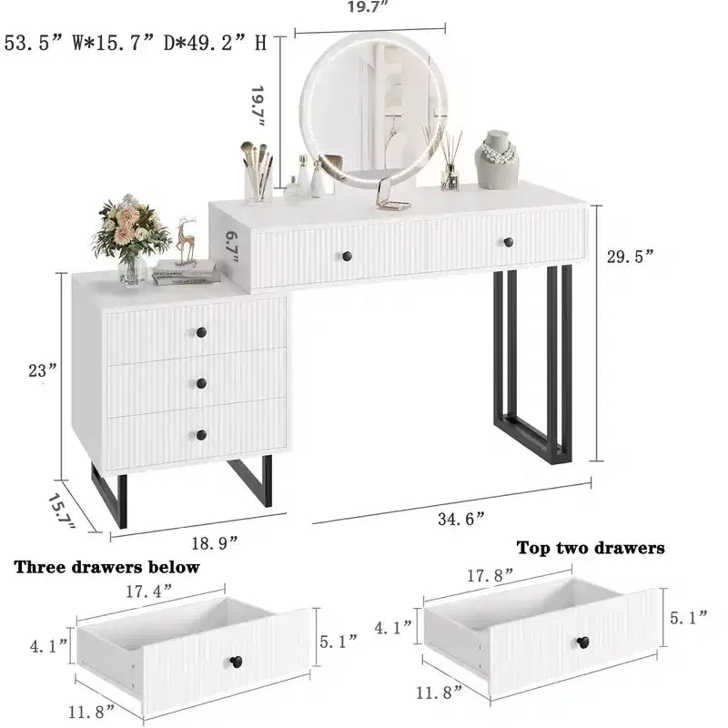 Modern Makeup Vanity Desk with Mirror, Lights & 5 Drawers,Bedroom Vanity Organizer