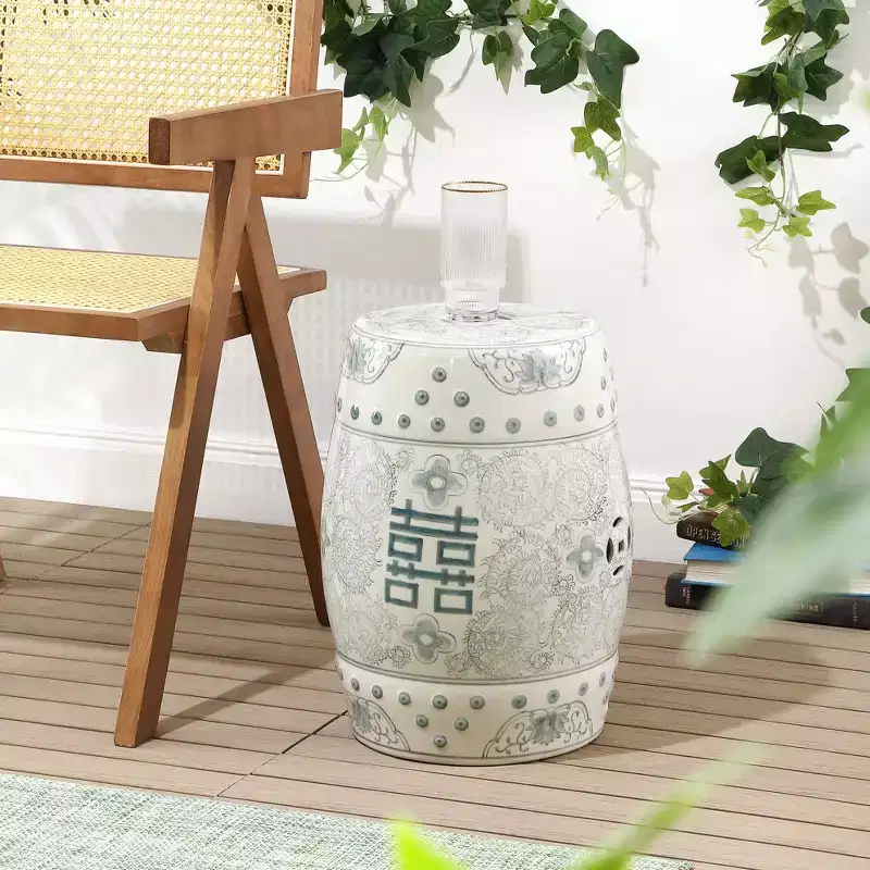 JONATHAN Y Double Happiness 18 Chinoiserie Ceramic Drum Garden Stool/Accent Table