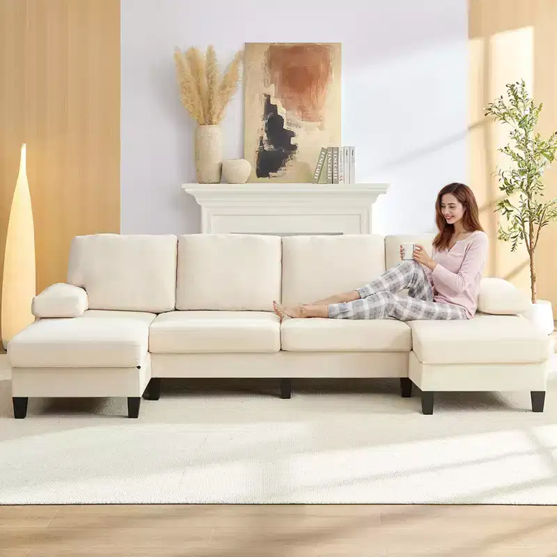 Mjkone 110Velvet U-Shaped Sectional Sofa Couches, Upholstered 4-Seater Sofa with Double Chaises and Sleepable Armrests