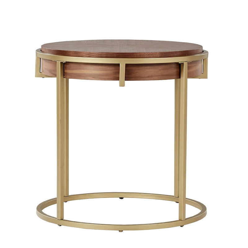 Round Coffee Table with Geometric Walnut Veneer Top and Gold Metal Base