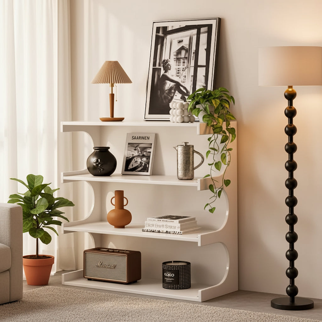 Multifunctional 4-Tier White Bookshelf & Coffee Table