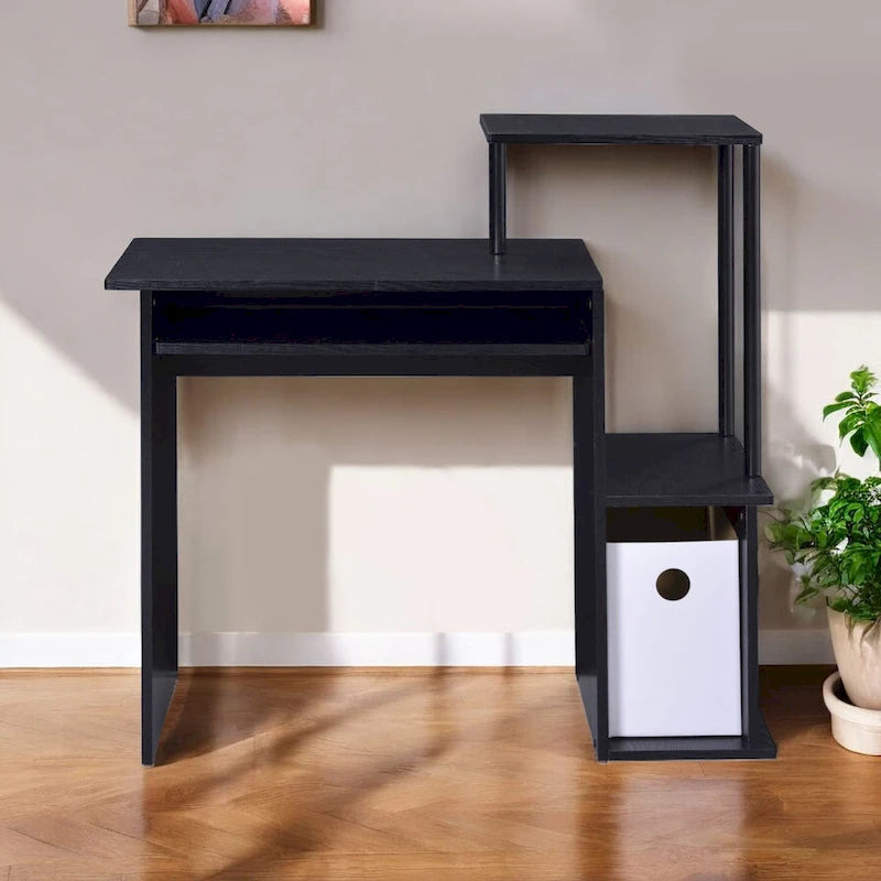 37-Inch Black Computer Desk with Keyboard Tray and Storage Shelves