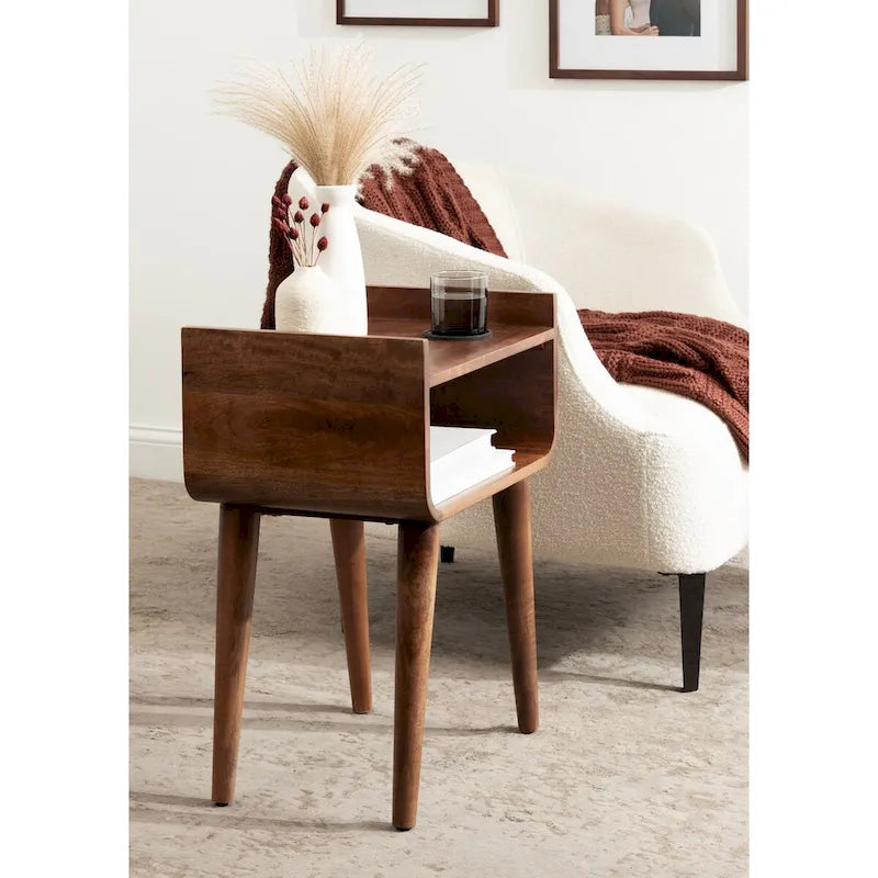 Mid-Century Modern Solid Wood Side Table with Open Shelf, Walnut Brown - 18x14x27