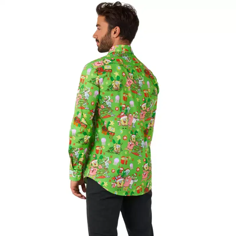 OppoSuits Men's SpongeBob Christmas Shirt-Christmas Party Shirt-Stylish Button-Up Shirt