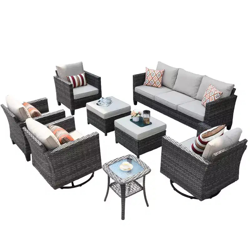 Ovios Tampa 8pc Wicker Outdoor Patio Furniture Conversation Sofa Set with Swivel Chairs and Cushions