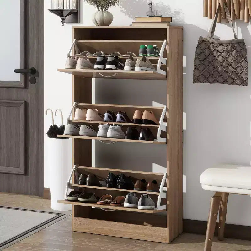 GDFStudio Enzo Modern 24 Wooden Shoe Storage Cabinet with Silver Handles and 3 Flip Drawers