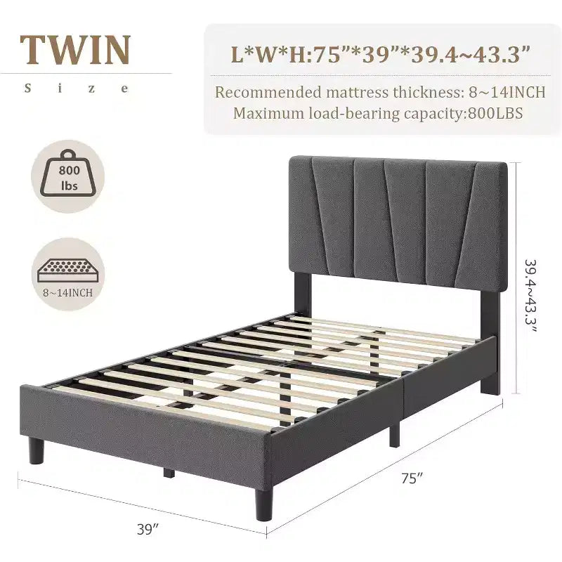 Twin Size Bed Frame with Adjustable Headboard - Linen Upholstered Platform Bed with Wooden Slats Support