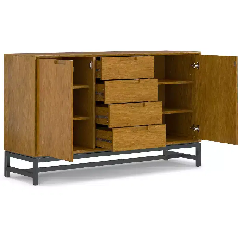 Devlin and Metal 60 inch Wide Rectangle Industrial Sideboard with Centre Drawers in Oak Veneer