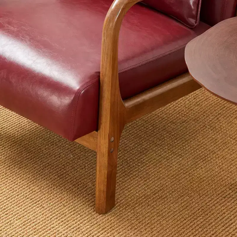 Mid-Century Modern Leatherette Arm Accent Chair Walnut Rubberwood Frame Burgundy - Glitzhome: Upholstered, 300lb Capacity